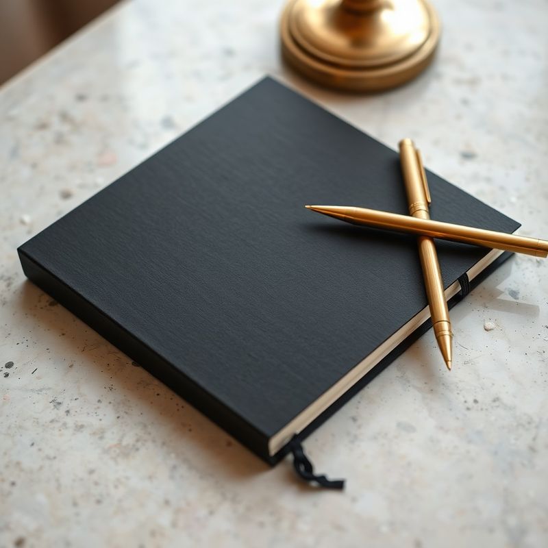 Carnet charbon avec stylo doré sur un bureau parisien en pierre